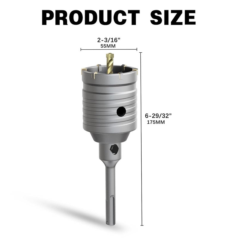 METOTO 2-3/16" Concrete Hole Saw,55mm Masonry Hole Saw, with 110mm SDS Plus Shank Connecting Rod for Concrete Brick Cement Stone Wall Drilling Home Improvement - Image 2